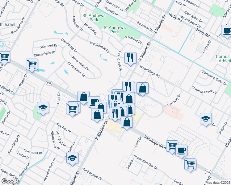 map of restaurants, bars, coffee shops, grocery stores, and more near 5526 Kenith Circle in Corpus Christi
