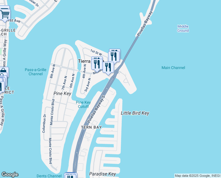 map of restaurants, bars, coffee shops, grocery stores, and more near 109 Yacht Club Lane in St. Petersburg