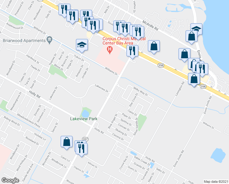 map of restaurants, bars, coffee shops, grocery stores, and more near 7201 Sparkle Sea Drive in Corpus Christi
