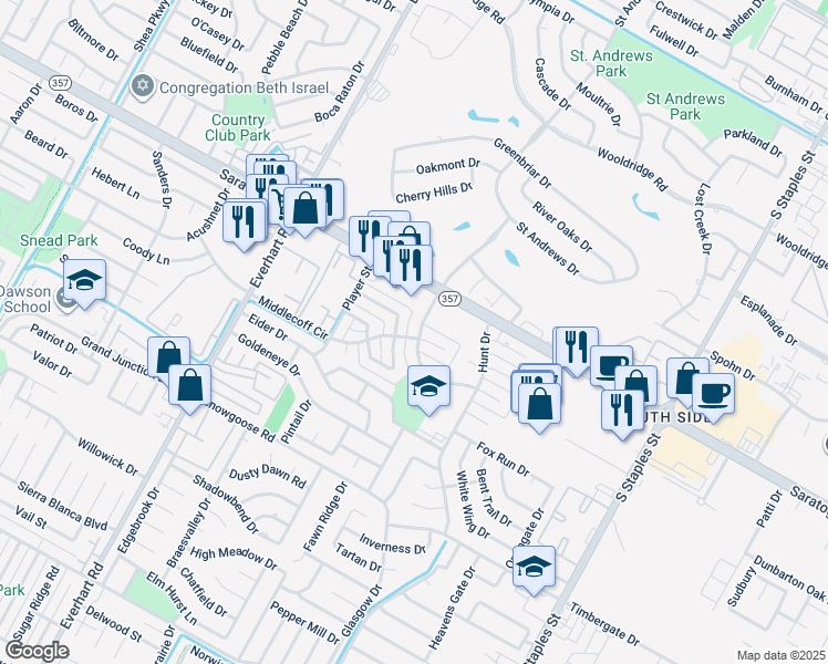 map of restaurants, bars, coffee shops, grocery stores, and more near 6521 Long Meadow Drive in Corpus Christi