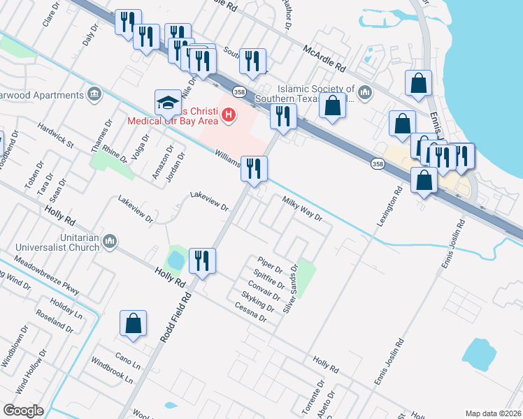 map of restaurants, bars, coffee shops, grocery stores, and more near 1726 Mermaid Drive in Corpus Christi
