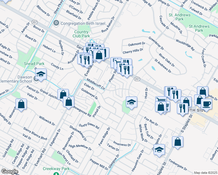 map of restaurants, bars, coffee shops, grocery stores, and more near 6610 Player Street in Corpus Christi