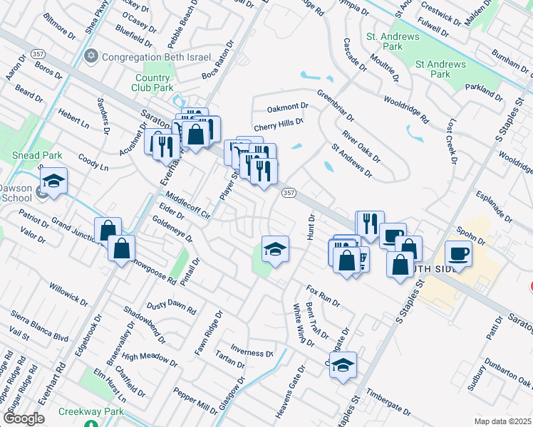 map of restaurants, bars, coffee shops, grocery stores, and more near 6521 Long Meadow Drive in Corpus Christi