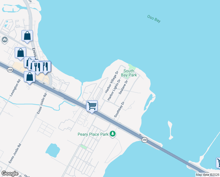 map of restaurants, bars, coffee shops, grocery stores, and more near 1221 Harbor Village Drive in Corpus Christi