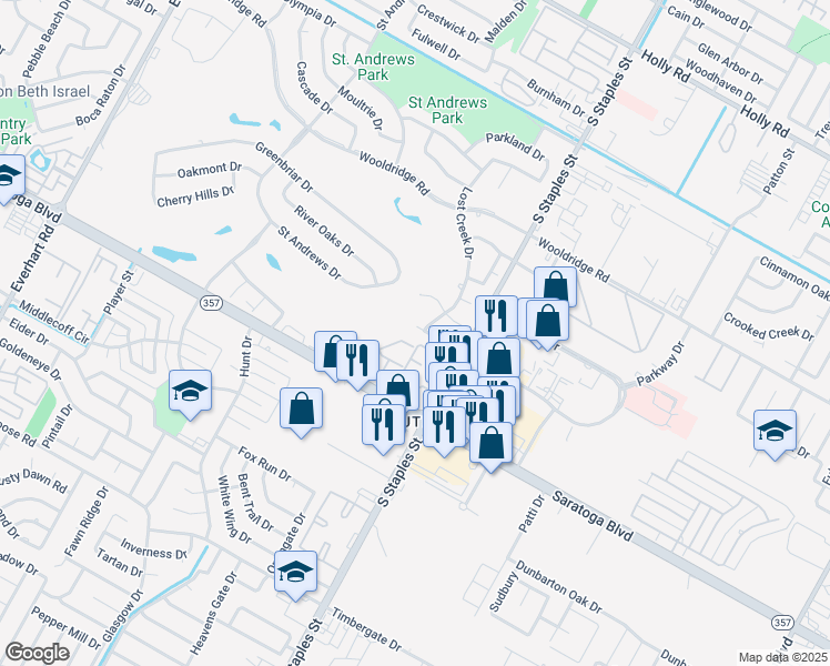 map of restaurants, bars, coffee shops, grocery stores, and more near 5501 Kenith Circle in Corpus Christi