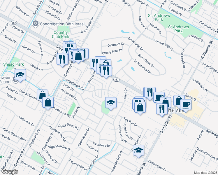 map of restaurants, bars, coffee shops, grocery stores, and more near 6521 Long Meadow Drive in Corpus Christi