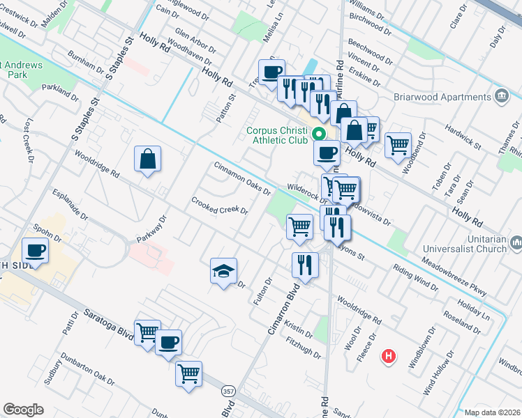 map of restaurants, bars, coffee shops, grocery stores, and more near 2425 Cricket Hollow Drive in Corpus Christi