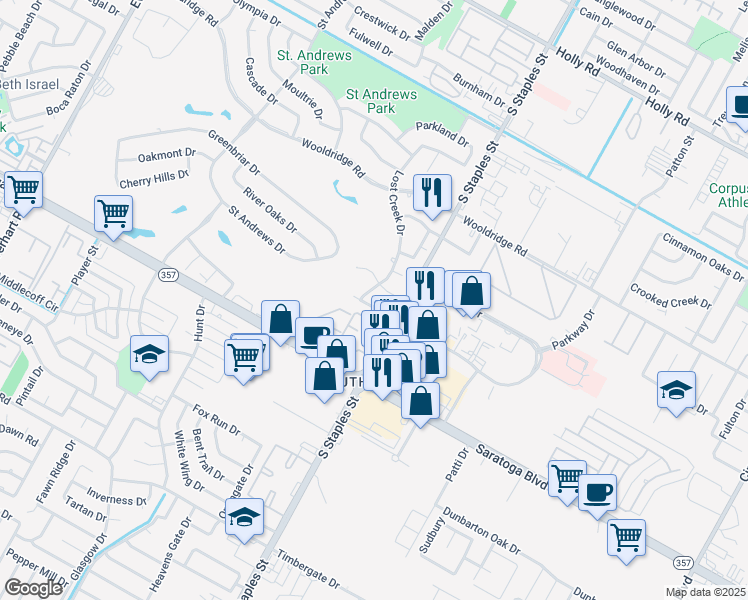 map of restaurants, bars, coffee shops, grocery stores, and more near 5526 Kenith Circle in Corpus Christi