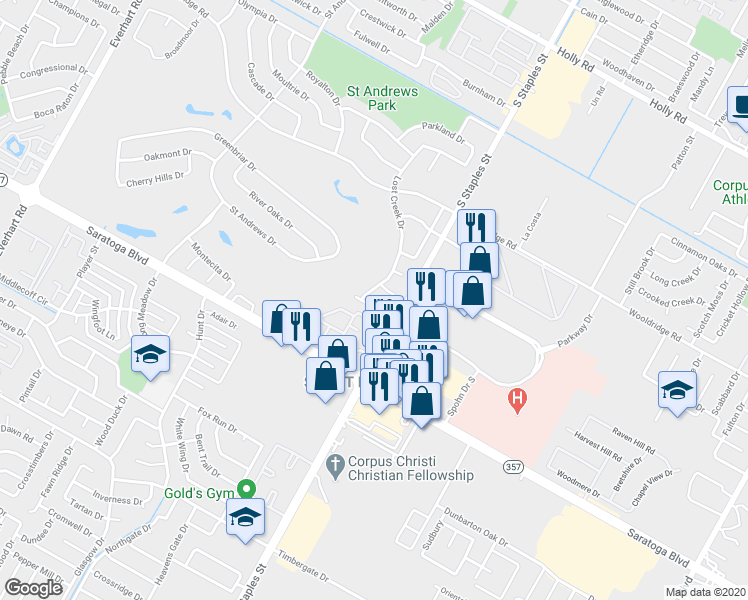 map of restaurants, bars, coffee shops, grocery stores, and more near 5526 Kenith Circle in Corpus Christi