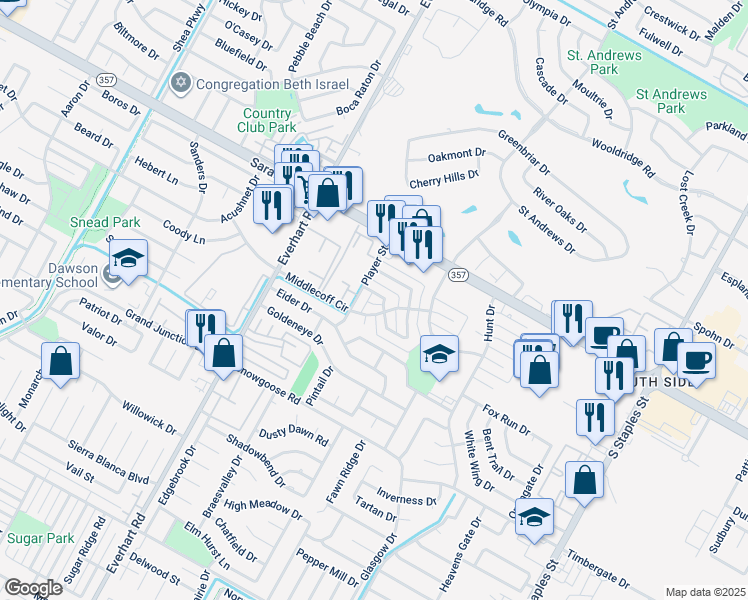 map of restaurants, bars, coffee shops, grocery stores, and more near 6610 Player Street in Corpus Christi