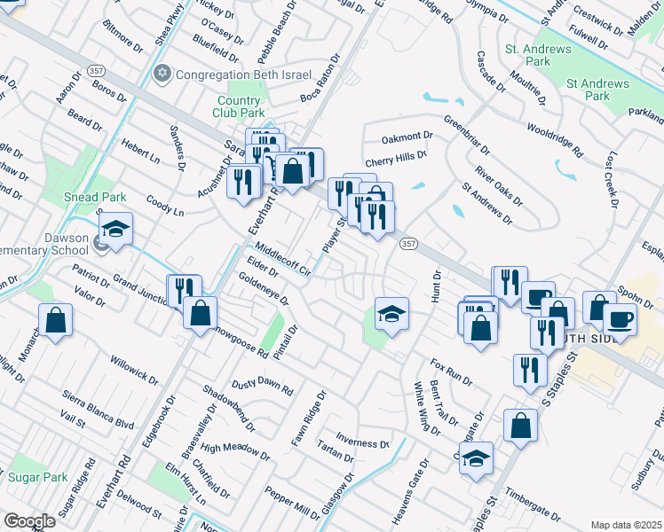 map of restaurants, bars, coffee shops, grocery stores, and more near 6610 Player Street in Corpus Christi
