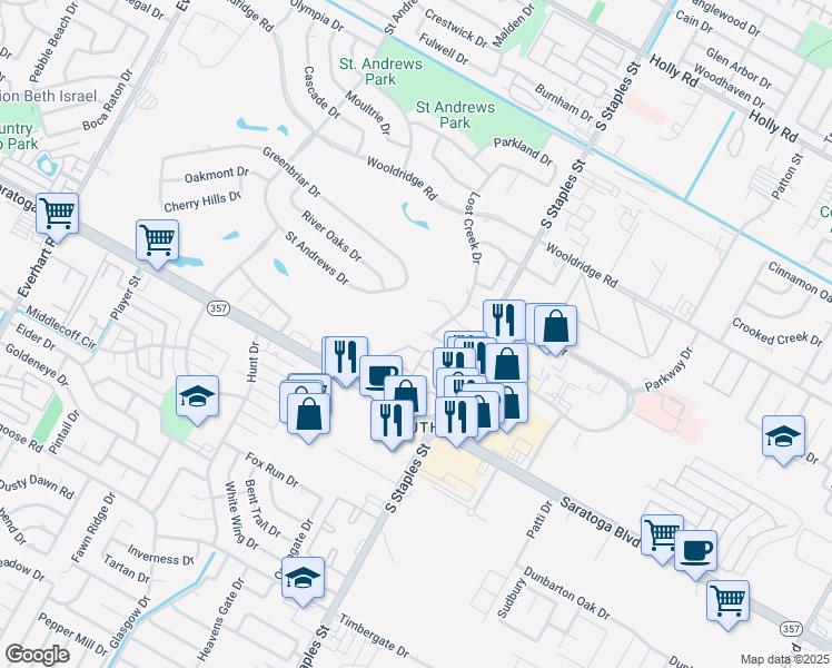 map of restaurants, bars, coffee shops, grocery stores, and more near 5501 Kenith Circle in Corpus Christi