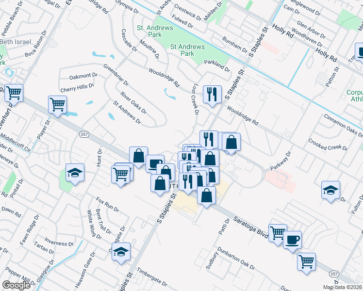 map of restaurants, bars, coffee shops, grocery stores, and more near 6226 Lost Creek Drive in Corpus Christi