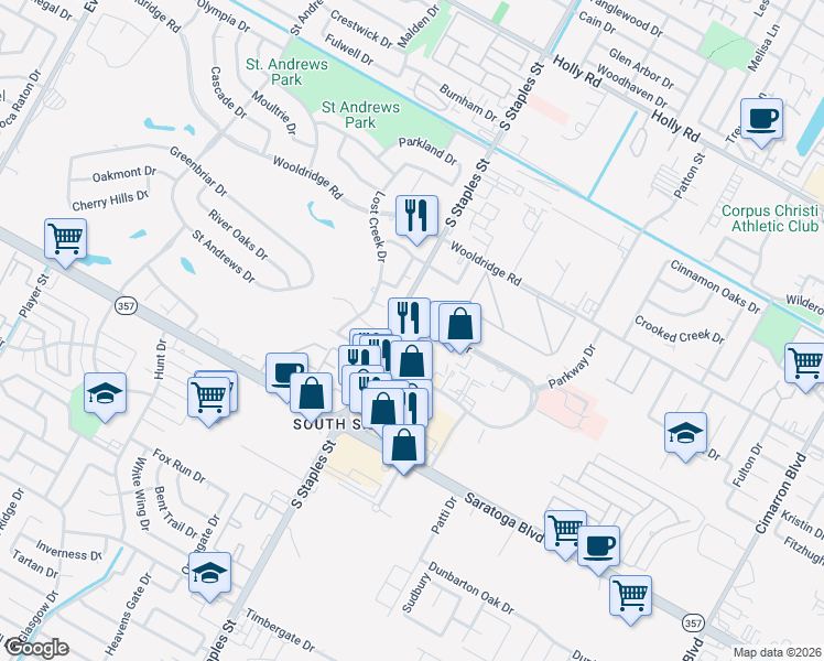 map of restaurants, bars, coffee shops, grocery stores, and more near 6218 South Staples Street in Corpus Christi