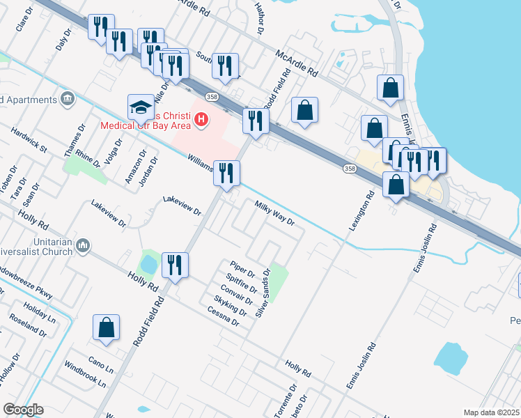 map of restaurants, bars, coffee shops, grocery stores, and more near 1713 Star Cove Drive in Corpus Christi