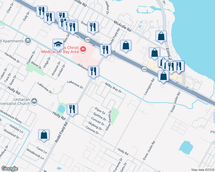 map of restaurants, bars, coffee shops, grocery stores, and more near 1713 Star Cove Drive in Corpus Christi