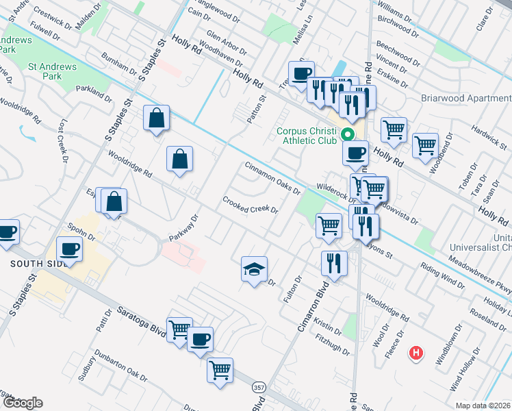 map of restaurants, bars, coffee shops, grocery stores, and more near 5926 Crooked Creek Drive in Corpus Christi