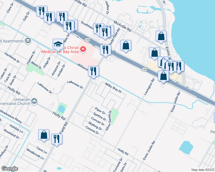 map of restaurants, bars, coffee shops, grocery stores, and more near 1710 Sun Beam Drive in Corpus Christi