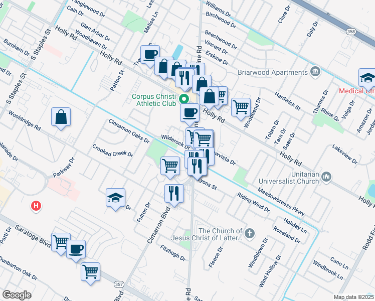map of restaurants, bars, coffee shops, grocery stores, and more near 6217 Wilderock Drive in Corpus Christi