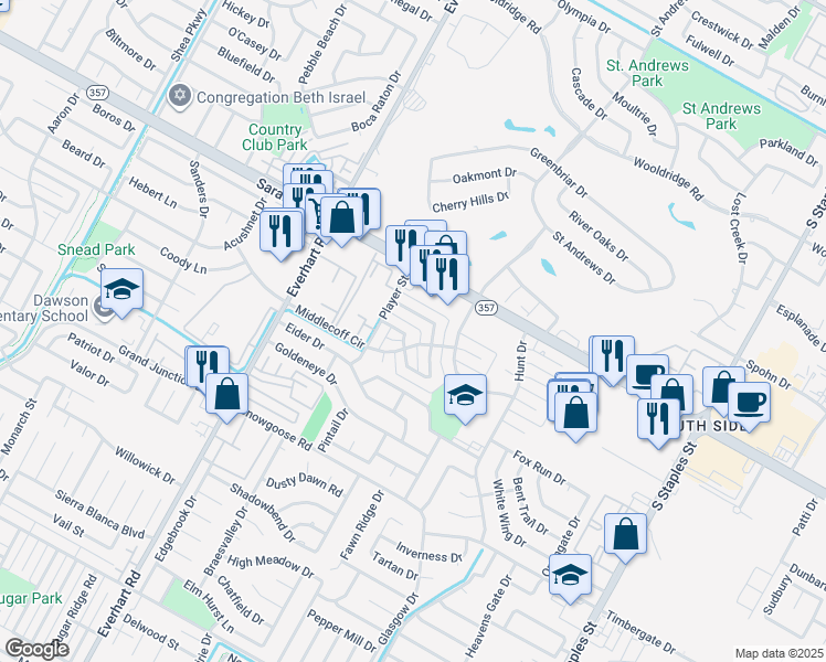 map of restaurants, bars, coffee shops, grocery stores, and more near 5026 Middlecoff Circle in Corpus Christi