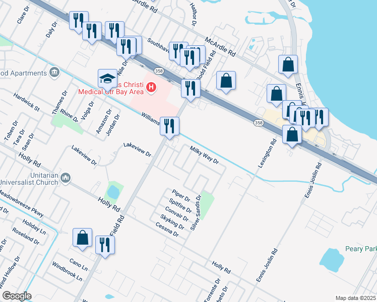 map of restaurants, bars, coffee shops, grocery stores, and more near 1717 Sun Beam Drive in Corpus Christi