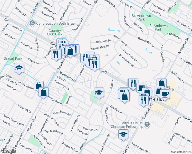 map of restaurants, bars, coffee shops, grocery stores, and more near 6521 Long Meadow Drive in Corpus Christi