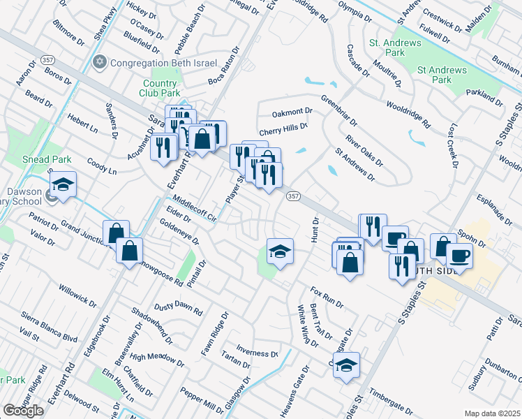 map of restaurants, bars, coffee shops, grocery stores, and more near 6521 Long Meadow Drive in Corpus Christi