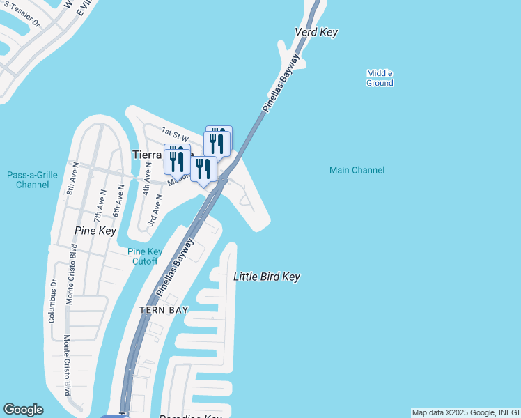 map of restaurants, bars, coffee shops, grocery stores, and more near 135 1st Street East in Tierra Verde