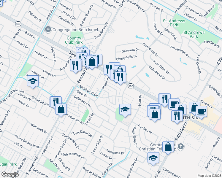 map of restaurants, bars, coffee shops, grocery stores, and more near 5026 Middlecoff Circle in Corpus Christi