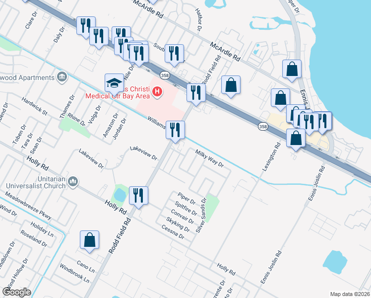 map of restaurants, bars, coffee shops, grocery stores, and more near 1726 Mermaid Drive in Corpus Christi