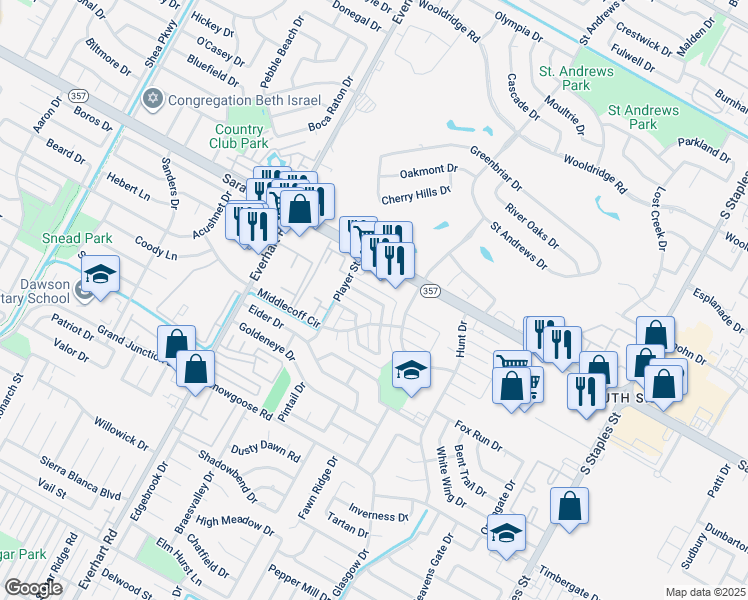 map of restaurants, bars, coffee shops, grocery stores, and more near 5026 Middlecoff Circle in Corpus Christi