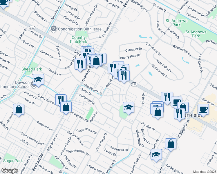 map of restaurants, bars, coffee shops, grocery stores, and more near 6610 Player Street in Corpus Christi