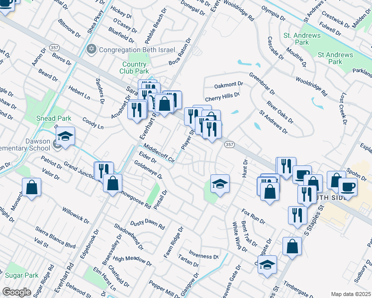 map of restaurants, bars, coffee shops, grocery stores, and more near 6610 Player Street in Corpus Christi