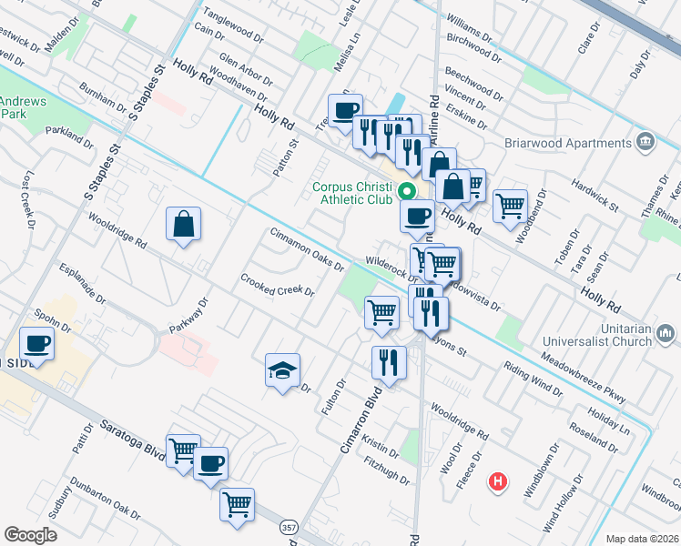 map of restaurants, bars, coffee shops, grocery stores, and more near 2425 Cricket Hollow Drive in Corpus Christi