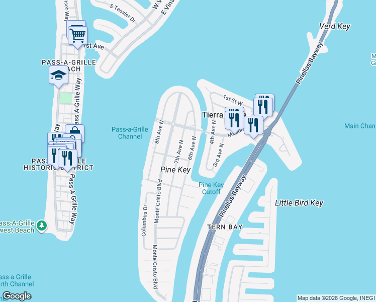 map of restaurants, bars, coffee shops, grocery stores, and more near 400 6th Avenue North in Tierra Verde