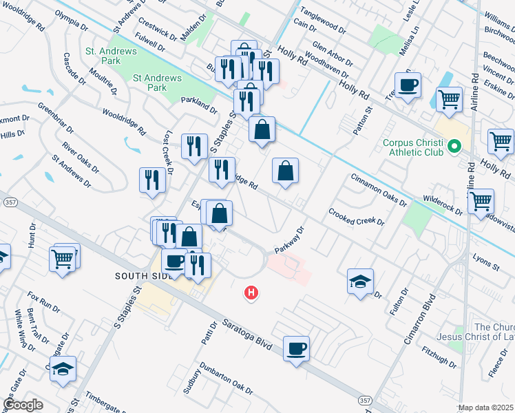 map of restaurants, bars, coffee shops, grocery stores, and more near 5734 Wooldridge Road in Corpus Christi