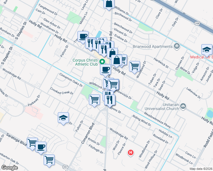 map of restaurants, bars, coffee shops, grocery stores, and more near 2149 Airline Road in Corpus Christi