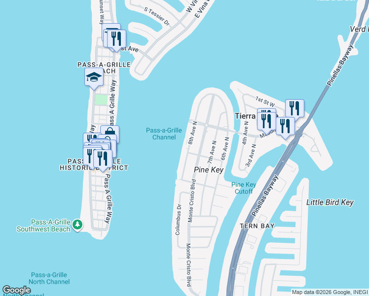 map of restaurants, bars, coffee shops, grocery stores, and more near 380 8th Avenue North in Tierra Verde