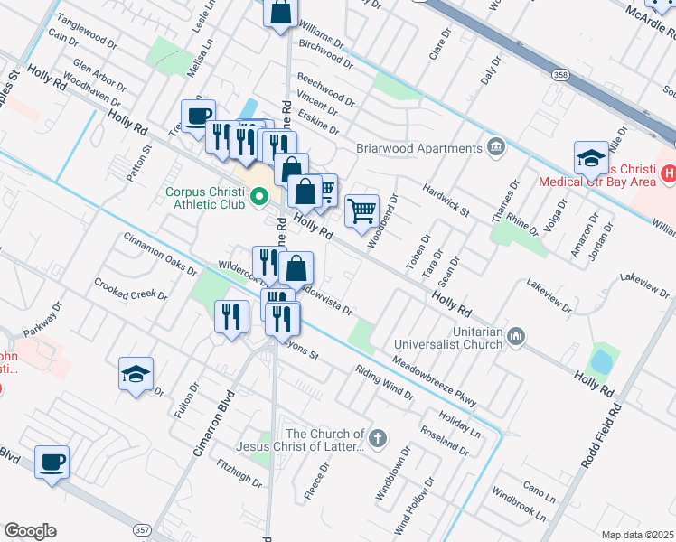 map of restaurants, bars, coffee shops, grocery stores, and more near 6350 Meadowvista Drive in Corpus Christi