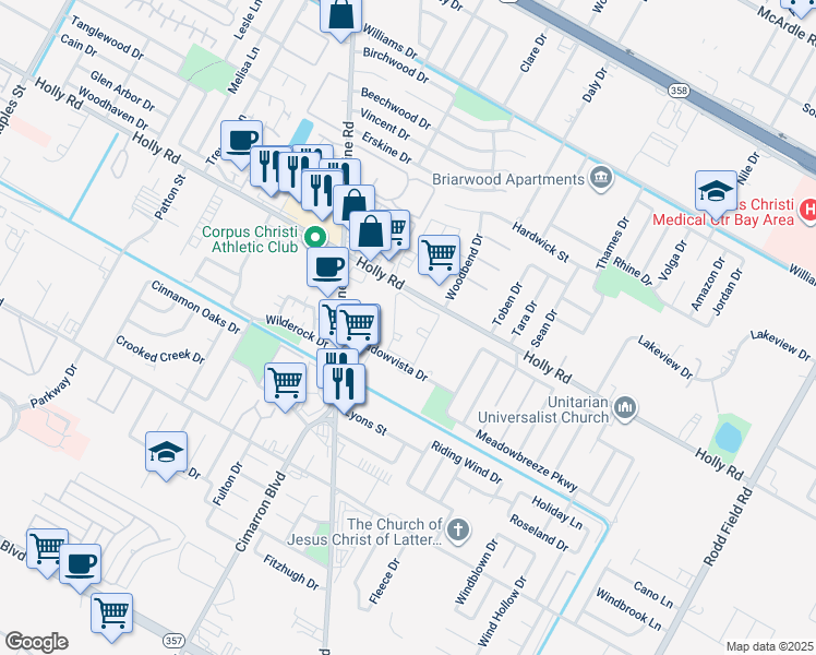 map of restaurants, bars, coffee shops, grocery stores, and more near 6350 Meadowvista Drive in Corpus Christi
