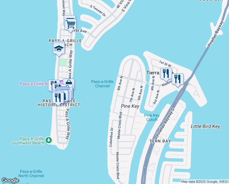 map of restaurants, bars, coffee shops, grocery stores, and more near 370 8th Avenue North in Tierra Verde