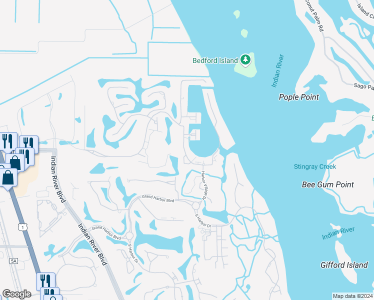 map of restaurants, bars, coffee shops, grocery stores, and more near 5345 West Harbor Village Drive in Vero Beach
