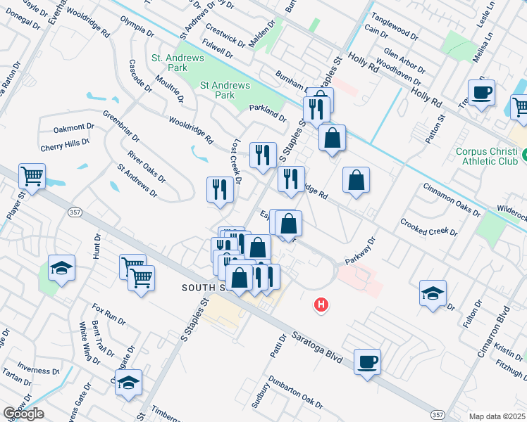 map of restaurants, bars, coffee shops, grocery stores, and more near 6124 South Staples Street in Corpus Christi