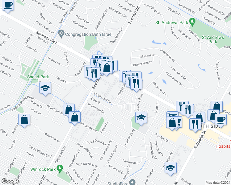 map of restaurants, bars, coffee shops, grocery stores, and more near 4901 Saratoga Boulevard in Corpus Christi