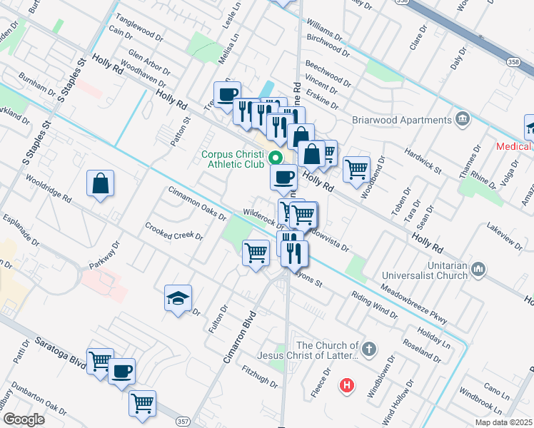 map of restaurants, bars, coffee shops, grocery stores, and more near 2309 Capitan Drive in Corpus Christi