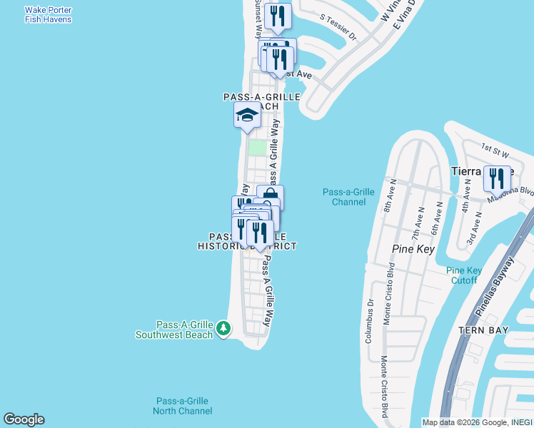 map of restaurants, bars, coffee shops, grocery stores, and more near 102 11th Avenue in St. Pete Beach