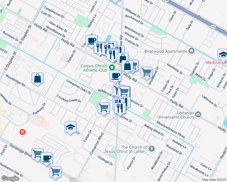 map of restaurants, bars, coffee shops, grocery stores, and more near 2309 Capitan Drive in Corpus Christi