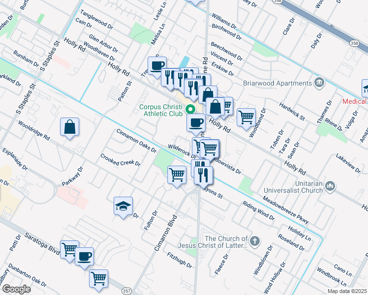 map of restaurants, bars, coffee shops, grocery stores, and more near 2309 Capitan Drive in Corpus Christi