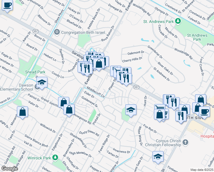 map of restaurants, bars, coffee shops, grocery stores, and more near 4901 Saratoga Boulevard in Corpus Christi