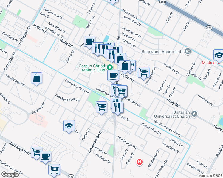map of restaurants, bars, coffee shops, grocery stores, and more near 2309 Capitan Drive in Corpus Christi